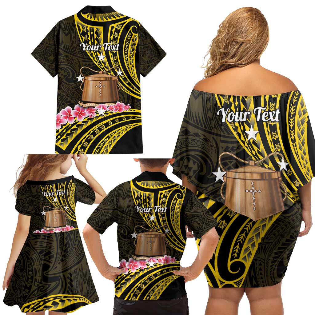 Personalised Tokelau Tokehega Day Family Matching Off Shoulder Short Dress and Hawaiian Shirt Tokelauan Tatau Black Color - Polynesian Pride