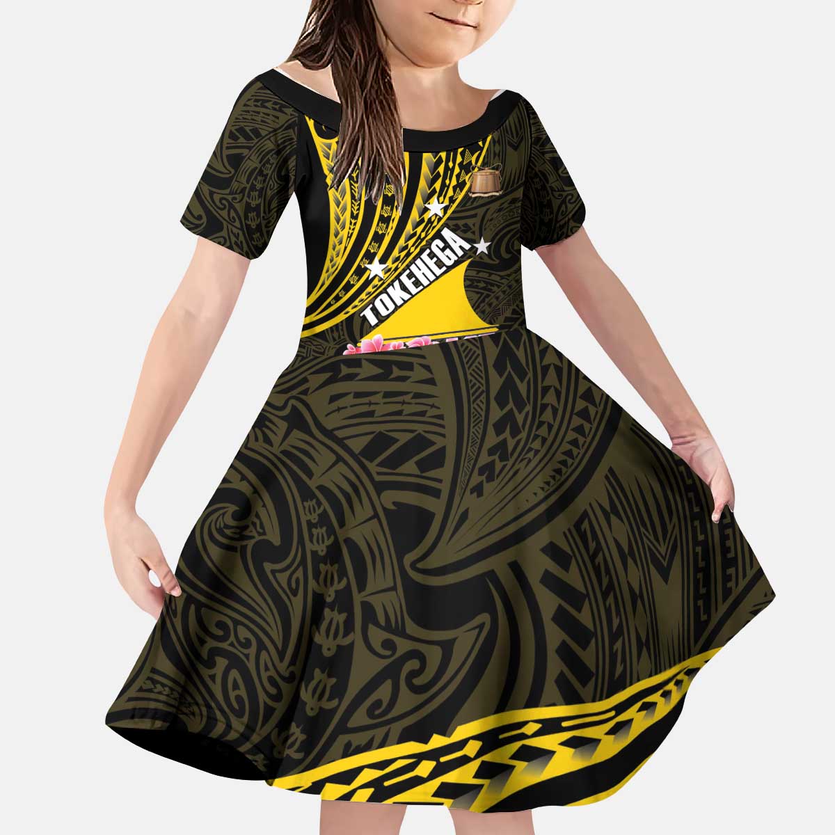 Personalised Tokelau Tokehega Day Kid Short Sleeve Dress Tokelauan Tatau Black Color - Polynesian Pride