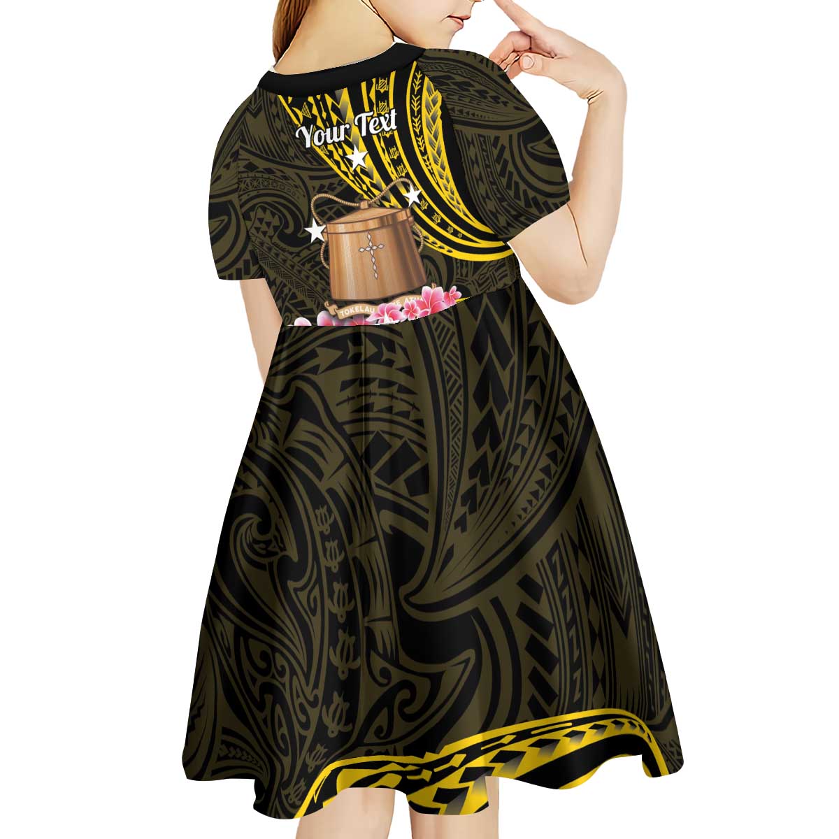 Personalised Tokelau Tokehega Day Kid Short Sleeve Dress Tokelauan Tatau Black Color - Polynesian Pride