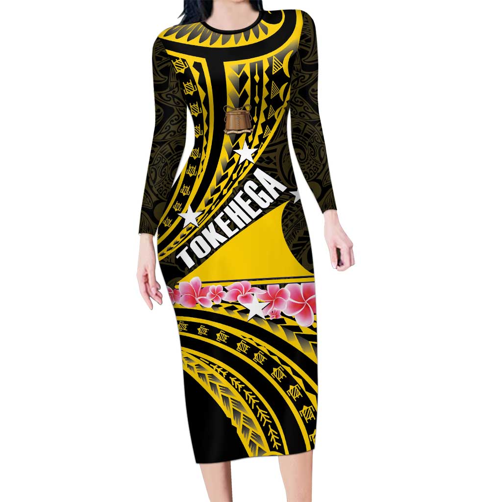 Personalised Tokelau Tokehega Day Long Sleeve Bodycon Dress Tokelauan Tatau Black Color LT14 Long Dress Black - Polynesian Pride