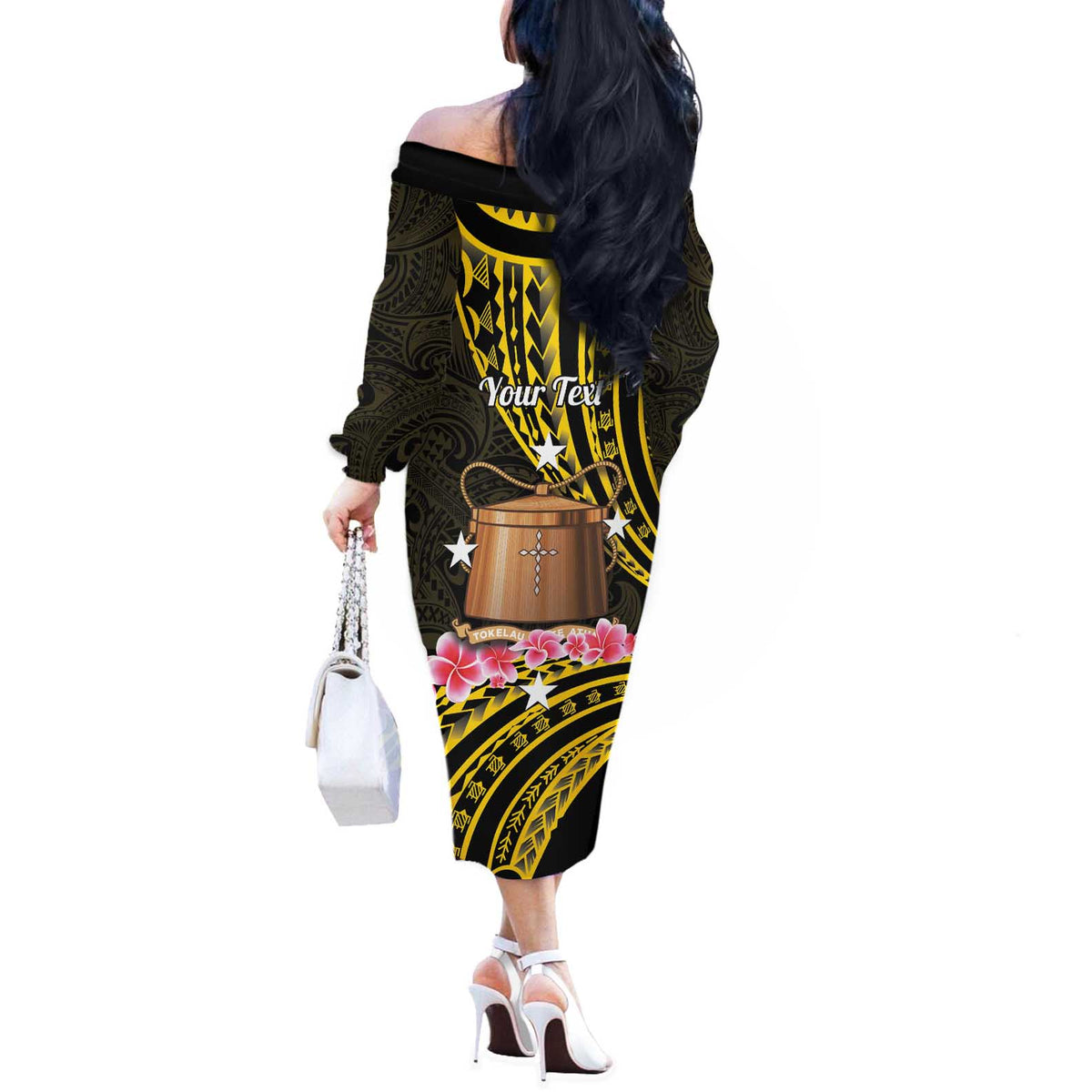 Personalised Tokelau Tokehega Day Off The Shoulder Long Sleeve Dress Tokelauan Tatau Black Color - Polynesian Pride
