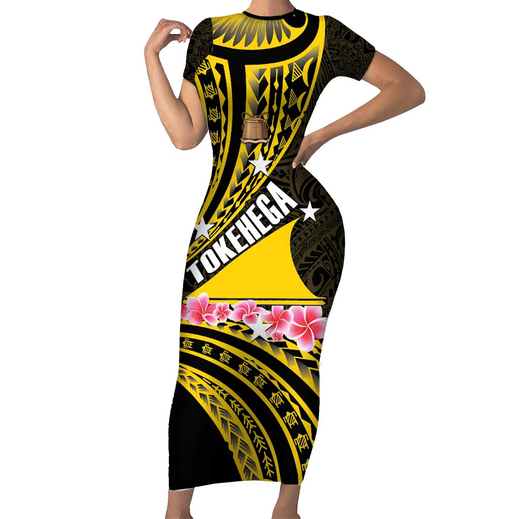 Personalised Tokelau Tokehega Day Short Sleeve Bodycon Dress Tokelauan Tatau Black Color LT14 Long Dress Black - Polynesian Pride