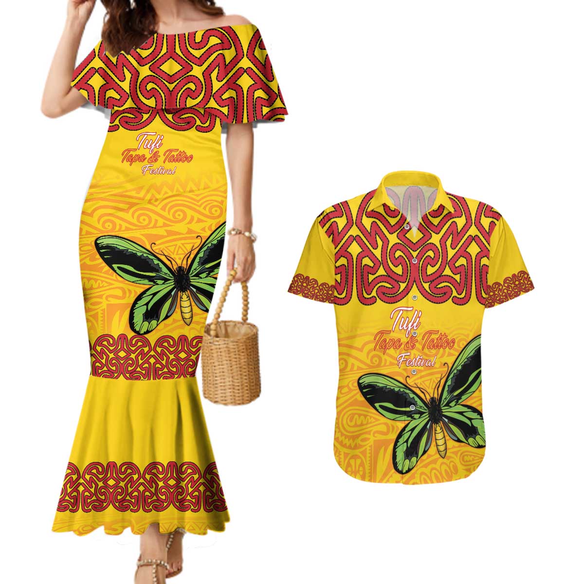 Personalised Tufi Tapa and Tattoo Festival Couples Matching Mermaid Dress and Hawaiian Shirt PNG Oro Butterfly Tapa Pattern - Polynesian Pride