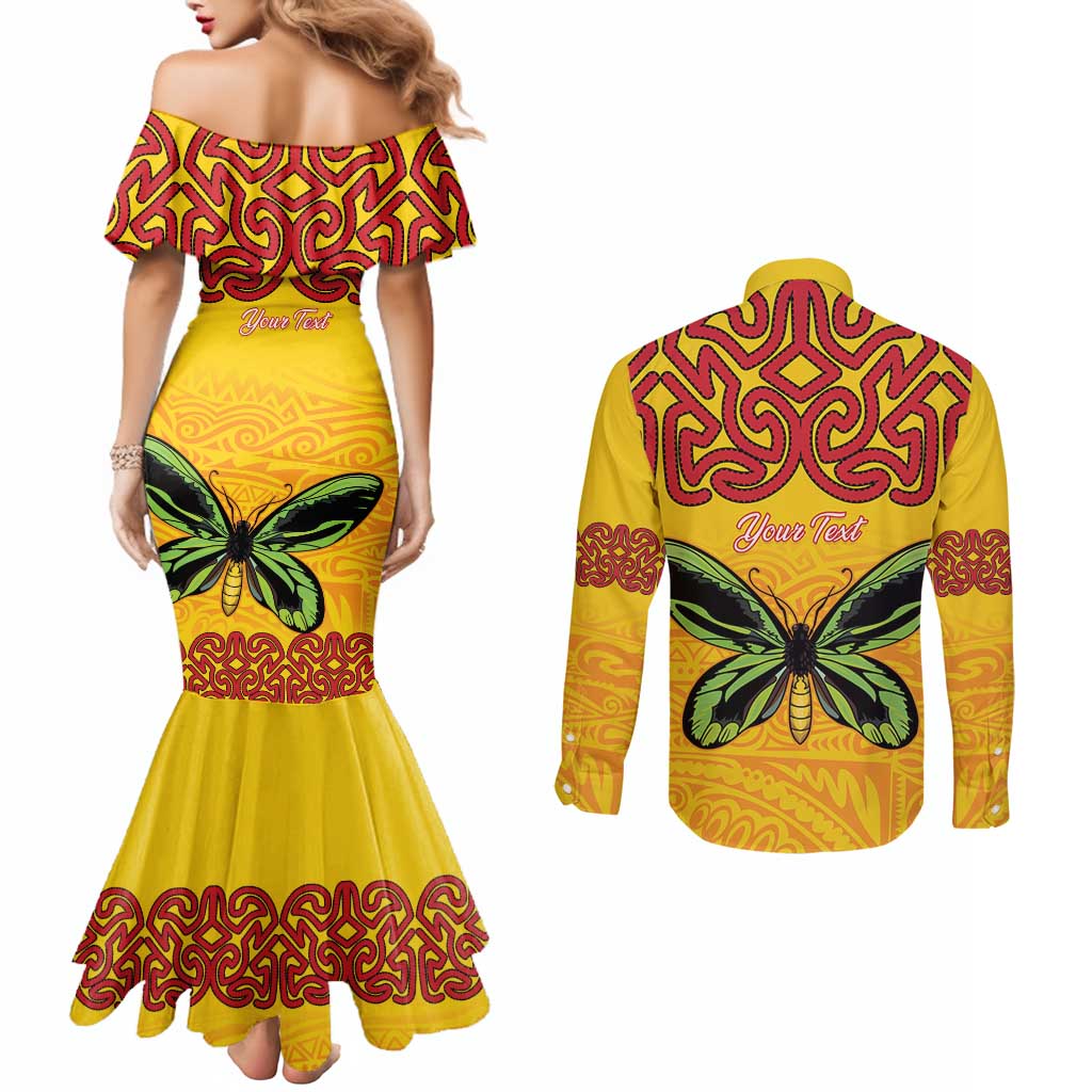 Personalised Tufi Tapa and Tattoo Festival Couples Matching Mermaid Dress and Long Sleeve Button Shirt PNG Oro Butterfly Tapa Pattern - Polynesian Pride