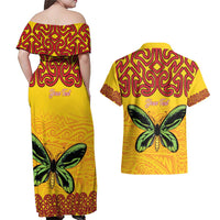 Personalised Tufi Tapa and Tattoo Festival Couples Matching Off Shoulder Maxi Dress and Hawaiian Shirt PNG Oro Butterfly Tapa Pattern - Polynesian Pride