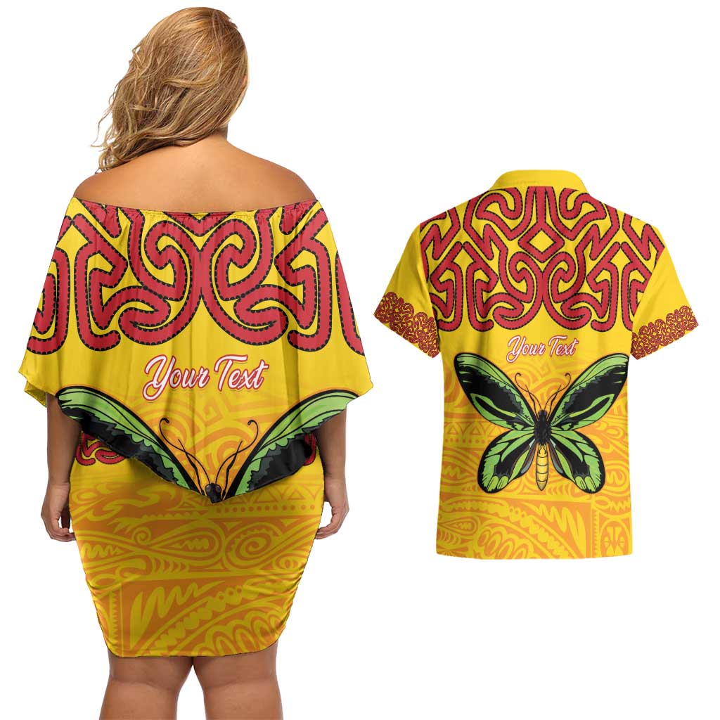 Personalised Tufi Tapa and Tattoo Festival Couples Matching Off Shoulder Short Dress and Hawaiian Shirt PNG Oro Butterfly Tapa Pattern - Polynesian Pride