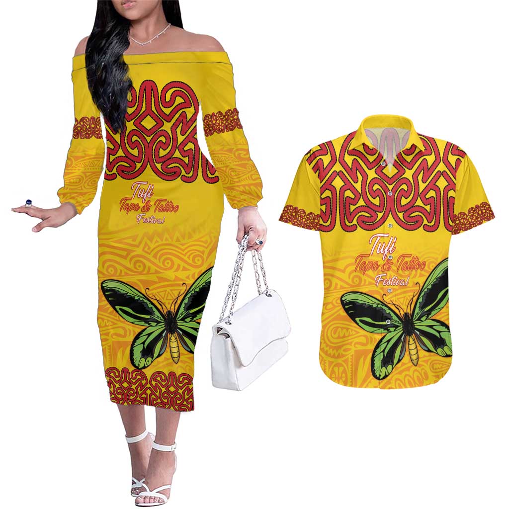 Personalised Tufi Tapa and Tattoo Festival Couples Matching Off The Shoulder Long Sleeve Dress and Hawaiian Shirt PNG Oro Butterfly Tapa Pattern - Polynesian Pride