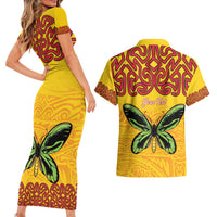 Personalised Tufi Tapa and Tattoo Festival Couples Matching Short Sleeve Bodycon Dress and Hawaiian Shirt PNG Oro Butterfly Tapa Pattern - Polynesian Pride