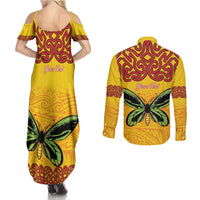Personalised Tufi Tapa and Tattoo Festival Couples Matching Summer Maxi Dress and Long Sleeve Button Shirt PNG Oro Butterfly Tapa Pattern - Polynesian Pride