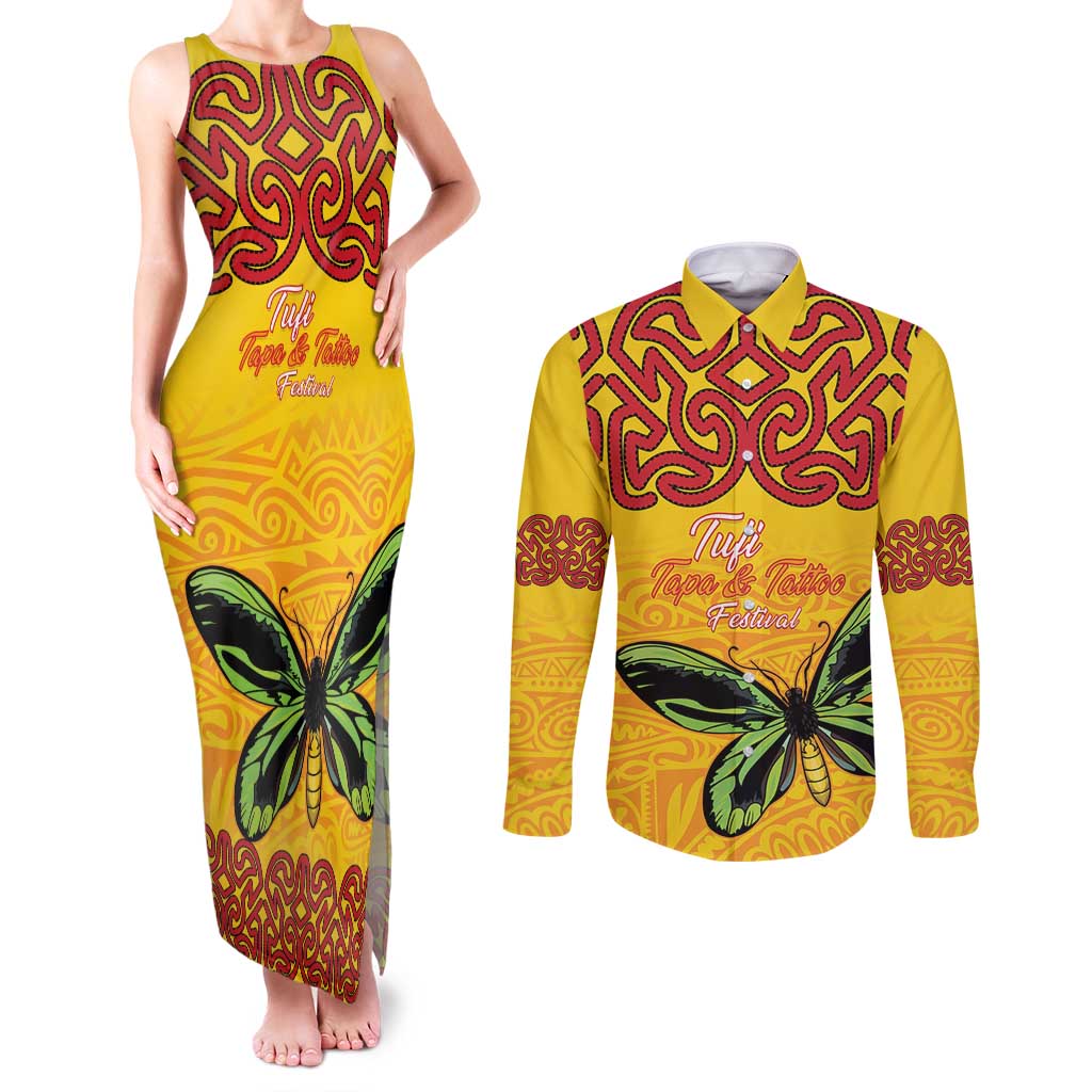 Personalised Tufi Tapa and Tattoo Festival Couples Matching Tank Maxi Dress and Long Sleeve Button Shirt PNG Oro Butterfly Tapa Pattern - Polynesian Pride