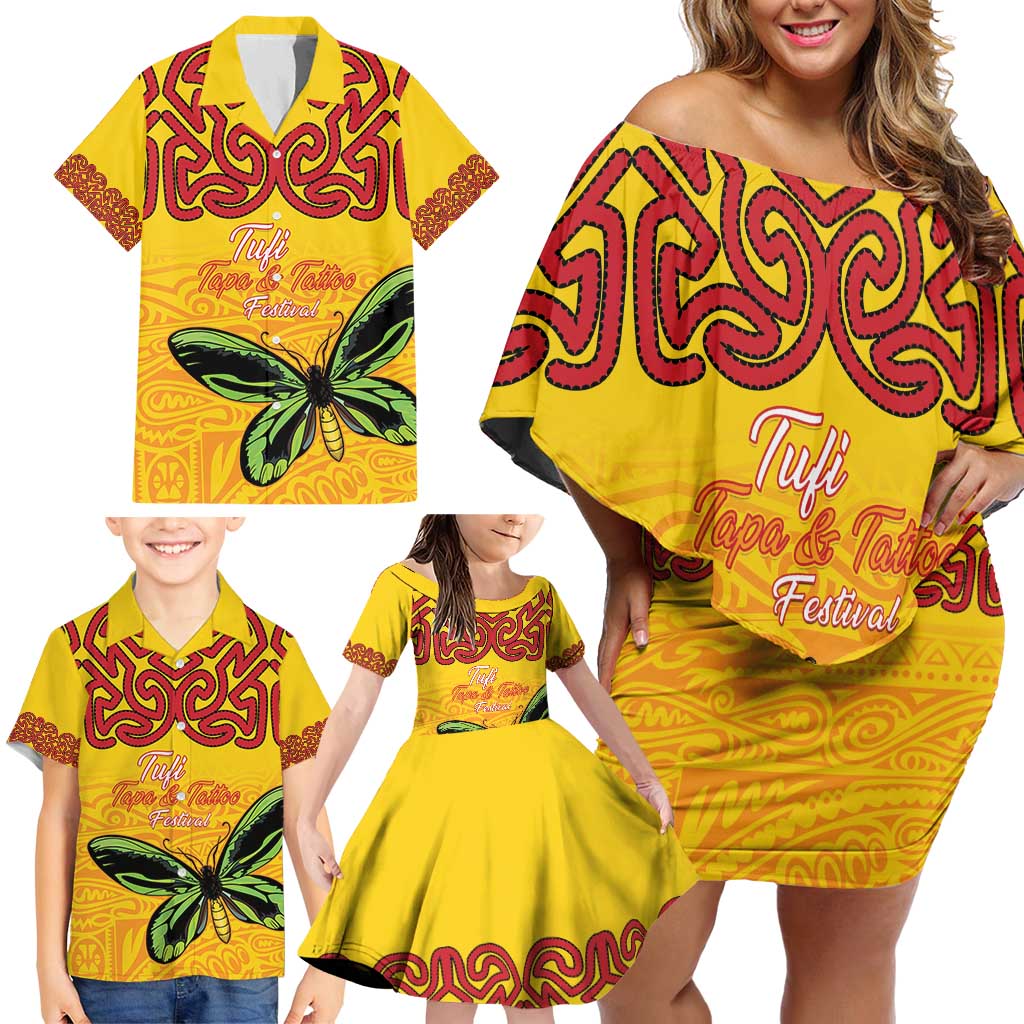 Personalised Tufi Tapa and Tattoo Festival Family Matching Off Shoulder Short Dress and Hawaiian Shirt PNG Oro Butterfly Tapa Pattern - Polynesian Pride