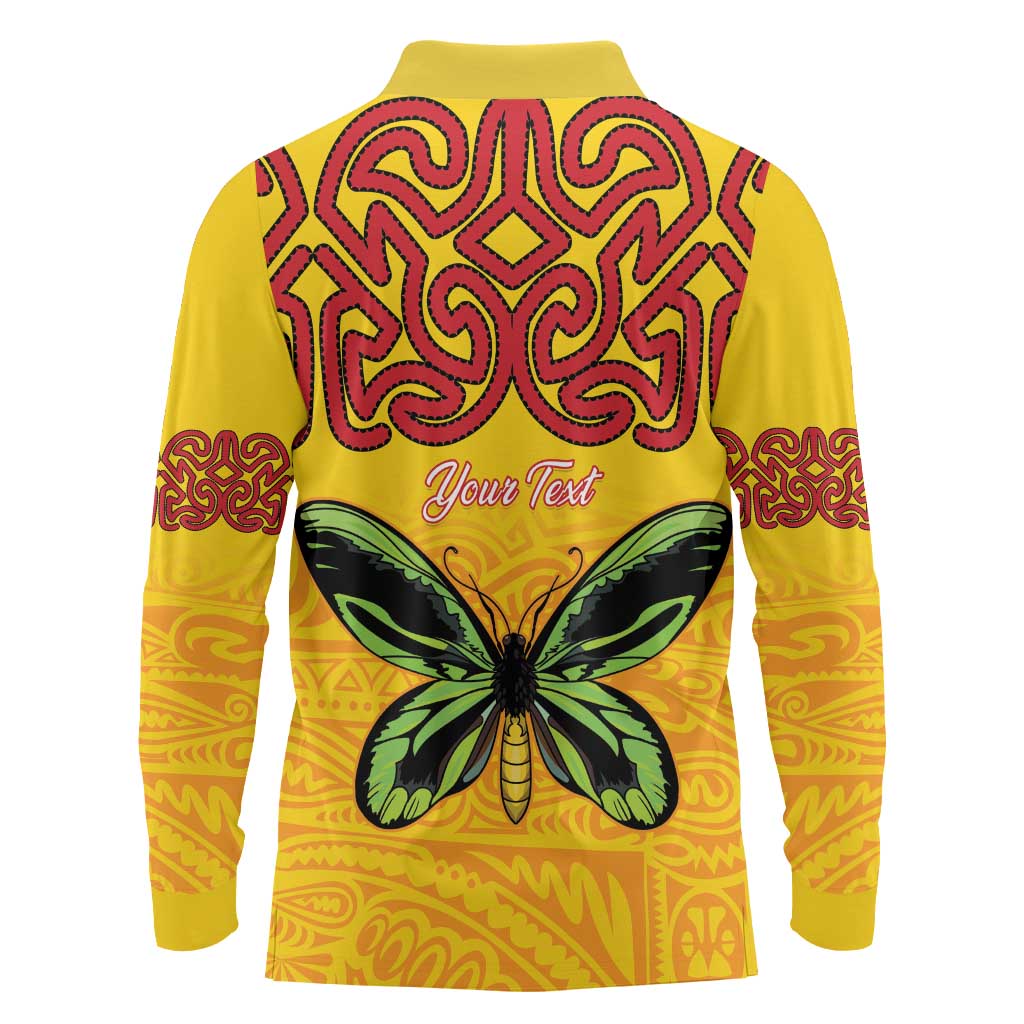 Personalised Tufi Tapa and Tattoo Festival Long Sleeve Polo Shirt PNG Oro Butterfly Tapa Pattern - Polynesian Pride
