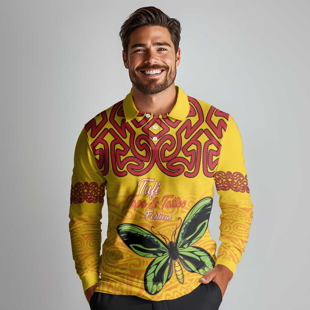 Personalised Tufi Tapa and Tattoo Festival Long Sleeve Polo Shirt PNG Oro Butterfly Tapa Pattern - Polynesian Pride