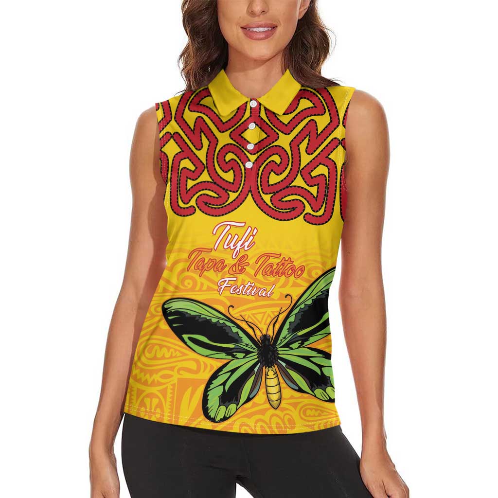 Personalised Tufi Tapa and Tattoo Festival Women Sleeveless Polo Shirt PNG Oro Butterfly Tapa Pattern - Polynesian Pride