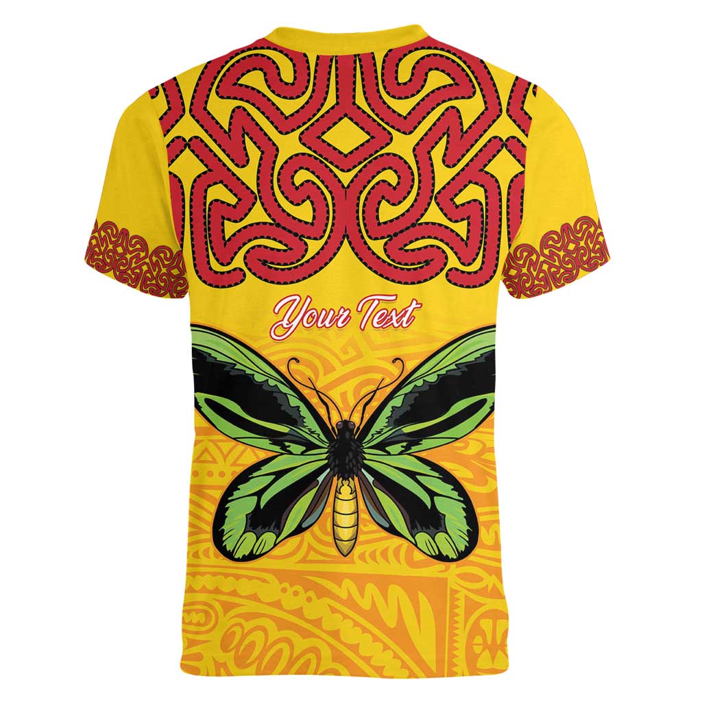 Personalised Tufi Tapa and Tattoo Festival Women V-Neck T-Shirt PNG Oro Butterfly Tapa Pattern - Polynesian Pride