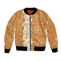 Personalised Tufi Tapa and Tattoo Festival Bomber Jacket Oro Tapa Cloth With Plumeria LT14 Unisex Brown - Polynesian Pride