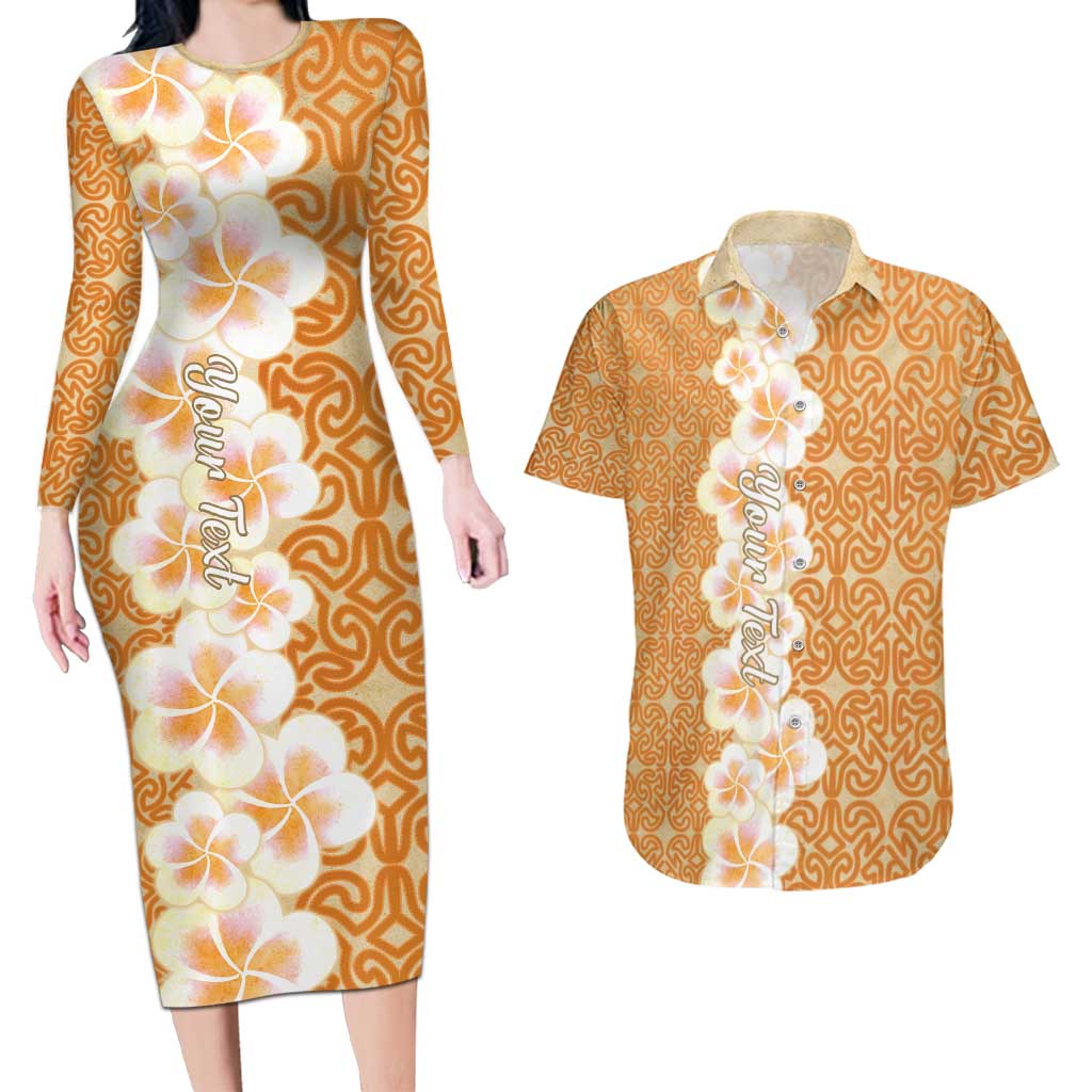 Personalised Tufi Tapa and Tattoo Festival Couples Matching Long Sleeve Bodycon Dress and Hawaiian Shirt Oro Tapa Cloth With Plumeria LT14 Brown - Polynesian Pride