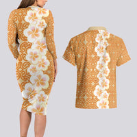 Personalised Tufi Tapa and Tattoo Festival Couples Matching Long Sleeve Bodycon Dress and Hawaiian Shirt Oro Tapa Cloth With Plumeria LT14 - Polynesian Pride