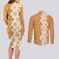 Personalised Tufi Tapa and Tattoo Festival Couples Matching Long Sleeve Bodycon Dress and Long Sleeve Button Shirt Oro Tapa Cloth With Plumeria LT14 - Polynesian Pride