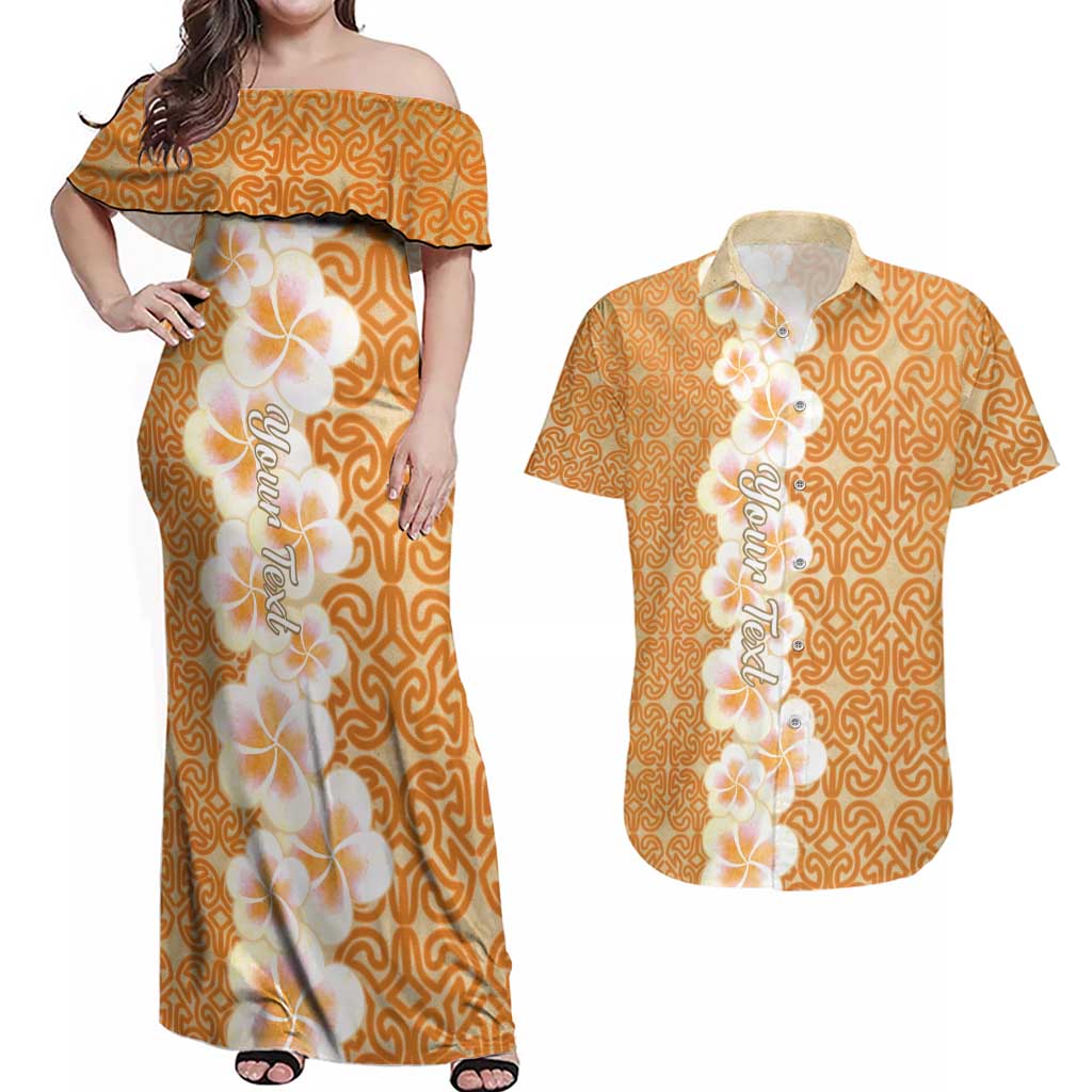 Personalised Tufi Tapa and Tattoo Festival Couples Matching Off Shoulder Maxi Dress and Hawaiian Shirt Oro Tapa Cloth With Plumeria LT14 Brown - Polynesian Pride