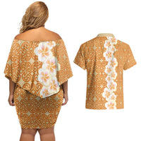 Personalised Tufi Tapa and Tattoo Festival Couples Matching Off Shoulder Short Dress and Hawaiian Shirt Oro Tapa Cloth With Plumeria LT14 - Polynesian Pride