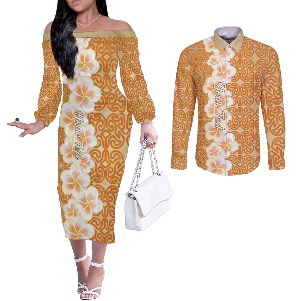 Personalised Tufi Tapa and Tattoo Festival Couples Matching Off The Shoulder Long Sleeve Dress and Long Sleeve Button Shirt Oro Tapa Cloth With Plumeria LT14 Brown - Polynesian Pride