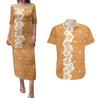 Personalised Tufi Tapa and Tattoo Festival Couples Matching Puletasi and Hawaiian Shirt Oro Tapa Cloth With Plumeria LT14 Brown - Polynesian Pride