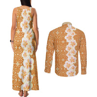 Personalised Tufi Tapa and Tattoo Festival Couples Matching Tank Maxi Dress and Long Sleeve Button Shirt Oro Tapa Cloth With Plumeria LT14 - Polynesian Pride