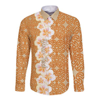 Personalised Tufi Tapa and Tattoo Festival Long Sleeve Button Shirt Oro Tapa Cloth With Plumeria LT14 Unisex Brown - Polynesian Pride