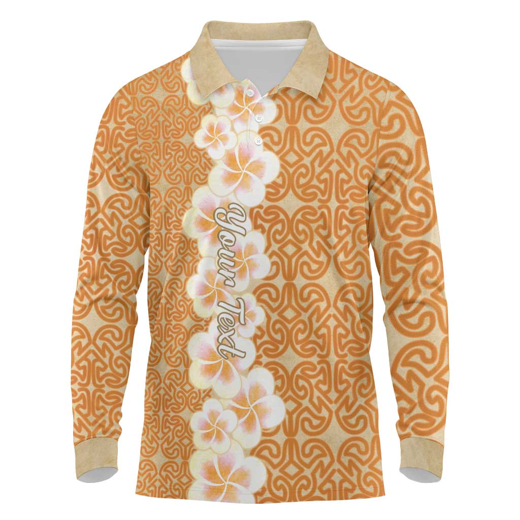 Personalised Tufi Tapa and Tattoo Festival Long Sleeve Polo Shirt Oro Tapa Cloth With Plumeria LT14 Brown - Polynesian Pride