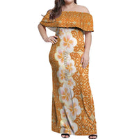 Personalised Tufi Tapa and Tattoo Festival Off Shoulder Maxi Dress Oro Tapa Cloth With Plumeria - Polynesian Pride
