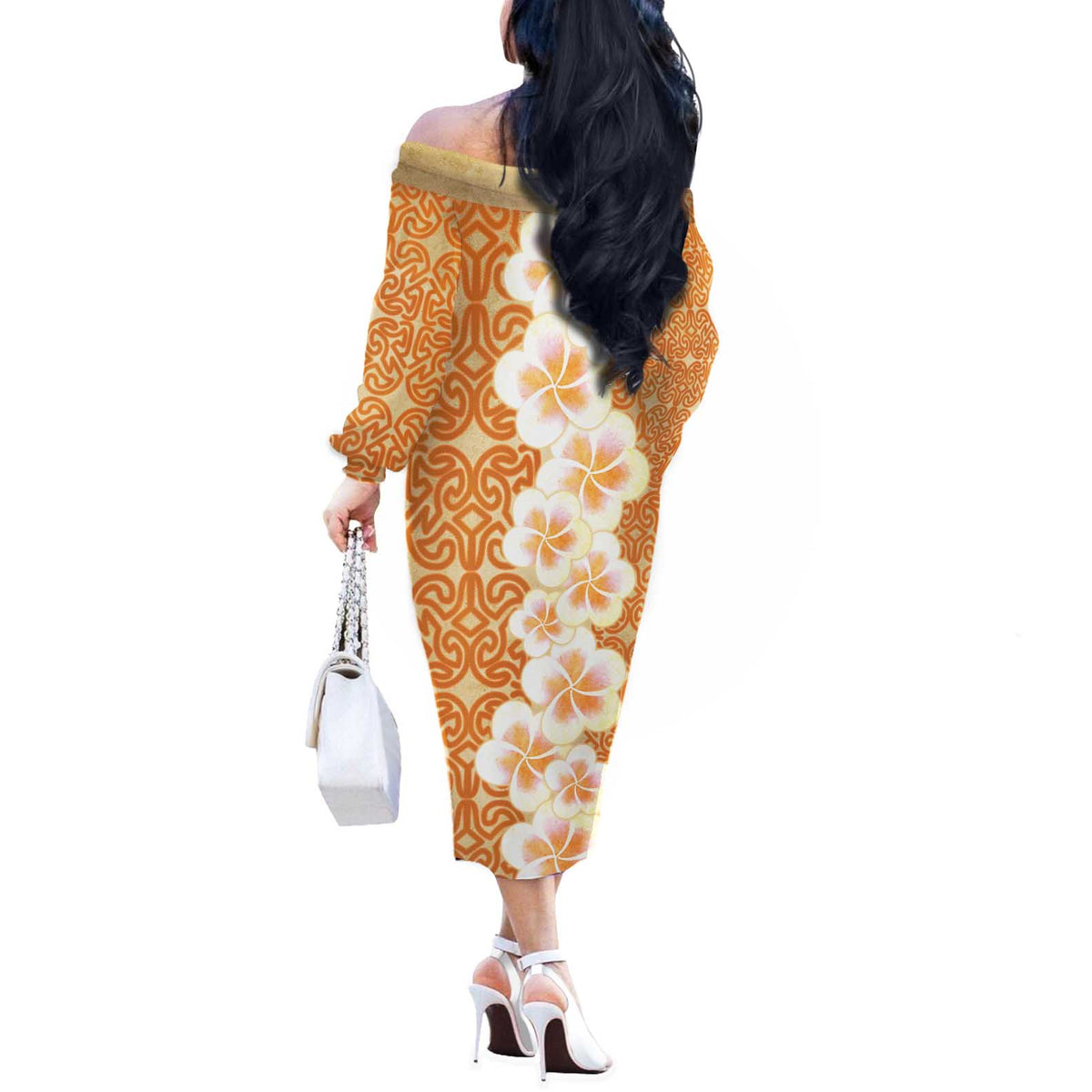 Personalised Tufi Tapa and Tattoo Festival Off The Shoulder Long Sleeve Dress Oro Tapa Cloth With Plumeria - Polynesian Pride