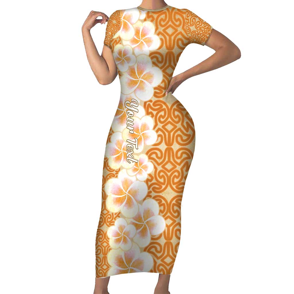 Personalised Tufi Tapa and Tattoo Festival Short Sleeve Bodycon Dress Oro Tapa Cloth With Plumeria - Polynesian Pride