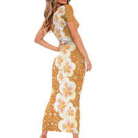 Personalised Tufi Tapa and Tattoo Festival Short Sleeve Bodycon Dress Oro Tapa Cloth With Plumeria - Polynesian Pride