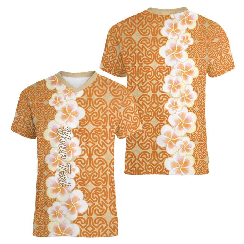 Personalised Tufi Tapa and Tattoo Festival Women V-Neck T-Shirt Oro Tapa Cloth With Plumeria LT14 - Polynesian Pride