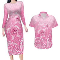 Personalised Polynesia Breast Cancer Awareness Couples Matching Long Sleeve Bodycon Dress and Hawaiian Shirt No One Fights Alone Turtle Ribbon - Pink Version