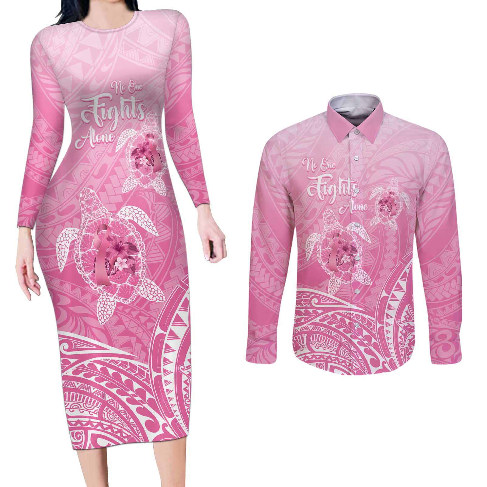 Personalised Polynesia Breast Cancer Awareness Couples Matching Long Sleeve Bodycon Dress and Long Sleeve Button Shirt No One Fights Alone Turtle Ribbon - Pink Version