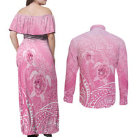 Personalised Polynesia Breast Cancer Awareness Couples Matching Off Shoulder Maxi Dress and Long Sleeve Button Shirt No One Fights Alone Turtle Ribbon - Pink Version