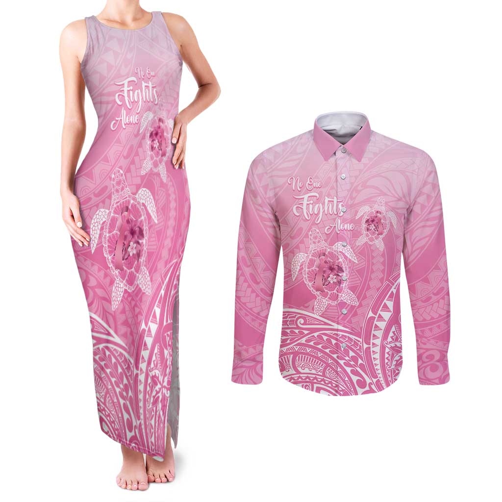 Personalised Polynesia Breast Cancer Awareness Couples Matching Tank Maxi Dress and Long Sleeve Button Shirt No One Fights Alone Turtle Ribbon - Pink Version