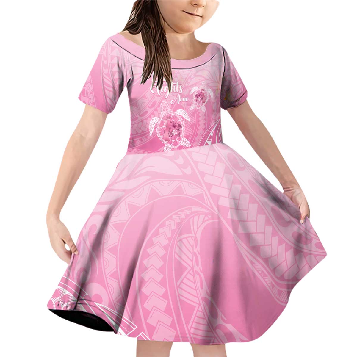 Personalised Polynesia Breast Cancer Awareness Family Matching Off Shoulder Short Dress and Hawaiian Shirt No One Fights Alone Turtle Ribbon - Pink Version