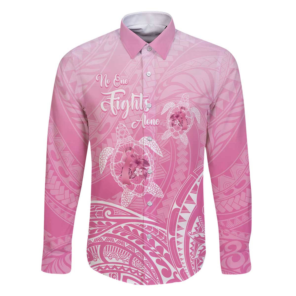 Personalised Polynesia Breast Cancer Awareness Family Matching Off Shoulder Short Dress and Hawaiian Shirt No One Fights Alone Turtle Ribbon - Pink Version