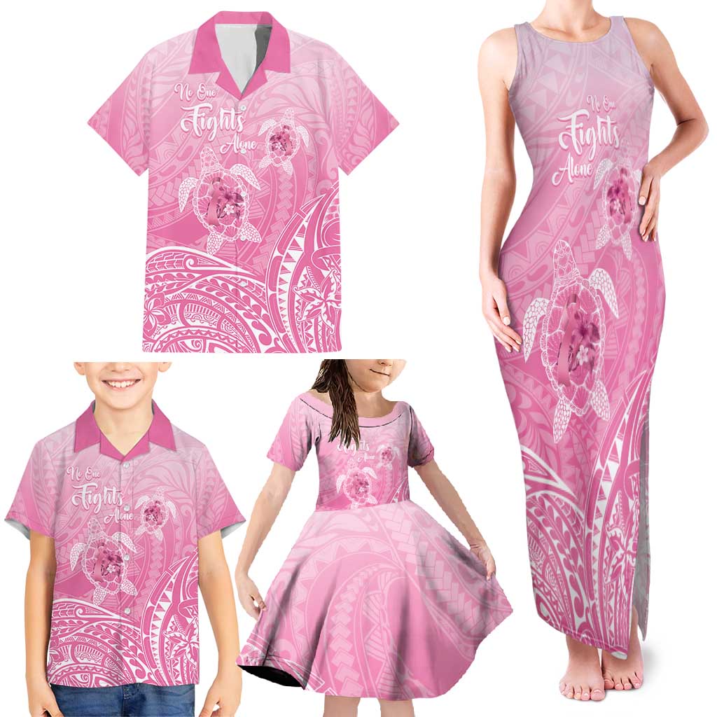 Personalised Polynesia Breast Cancer Awareness Family Matching Tank Maxi Dress and Hawaiian Shirt No One Fights Alone Turtle Ribbon - Pink Version