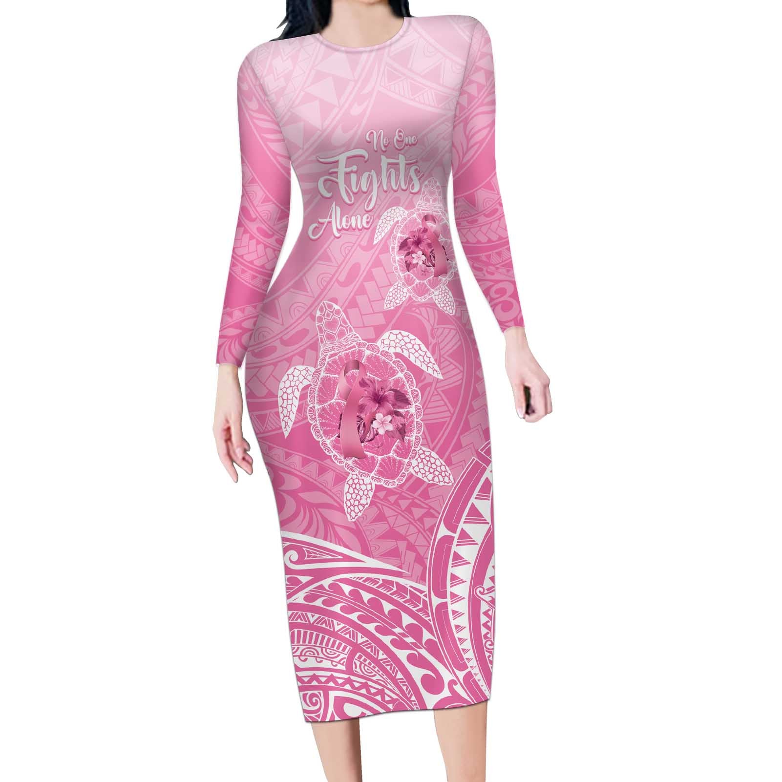 Personalised Polynesia Breast Cancer Awareness Long Sleeve Bodycon Dress No One Fights Alone Turtle Ribbon - Pink Version