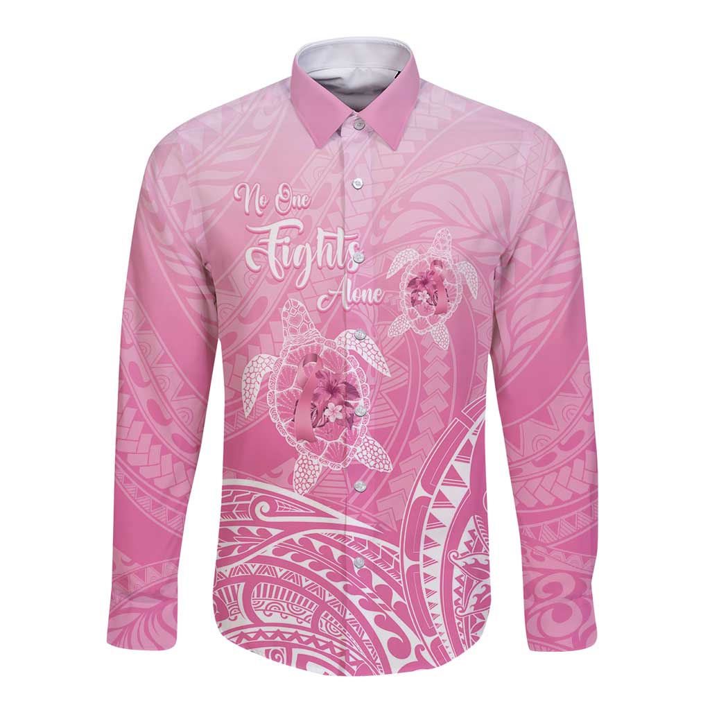 Personalised Polynesia Breast Cancer Awareness Long Sleeve Button Shirt No One Fights Alone Turtle Ribbon - Pink Version