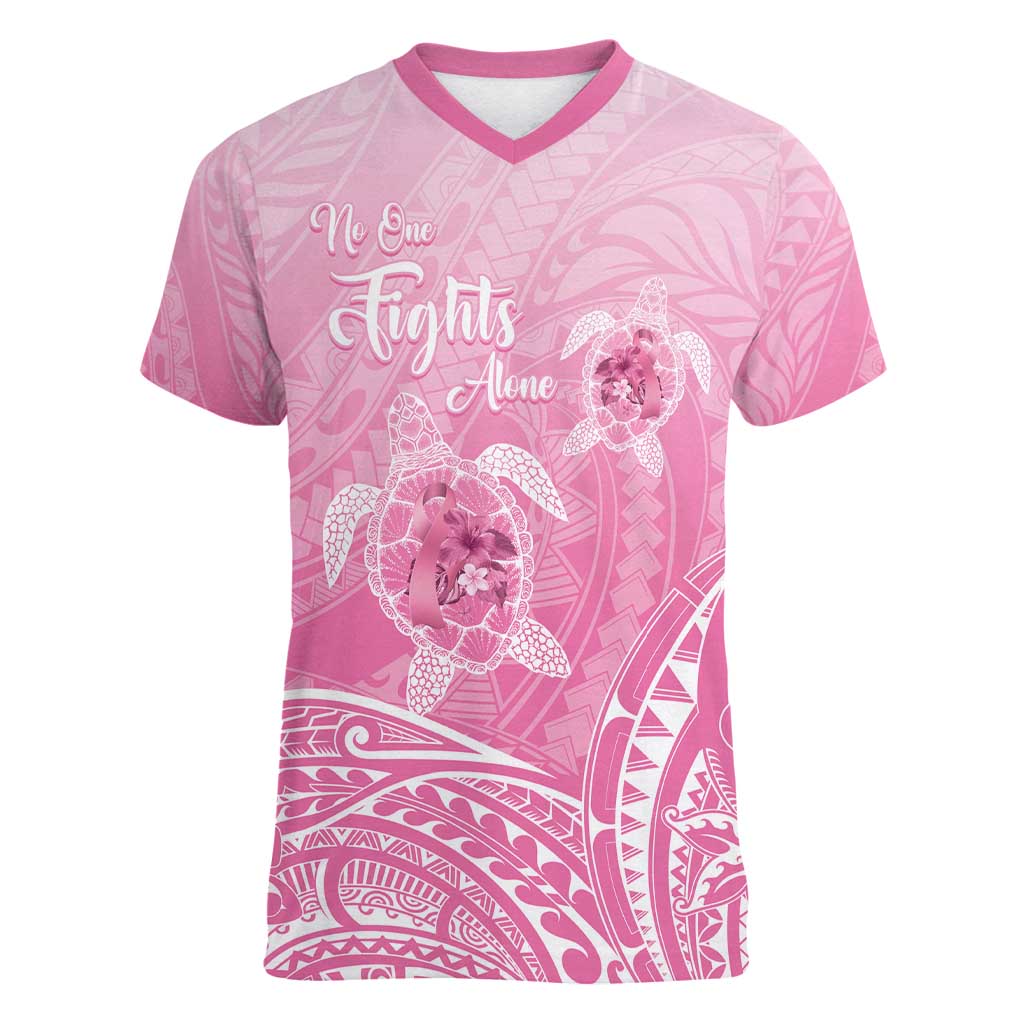 Personalised Polynesia Breast Cancer Awareness Women V-Neck T-Shirt No One Fights Alone Turtle Ribbon - Pink Version