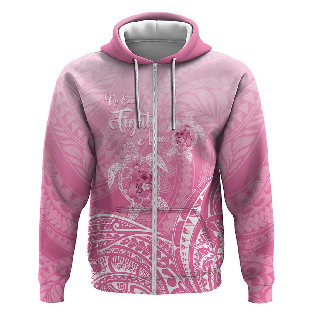 Personalised Polynesia Breast Cancer Awareness Zip Hoodie No One Fights Alone Turtle Ribbon - Pink Version