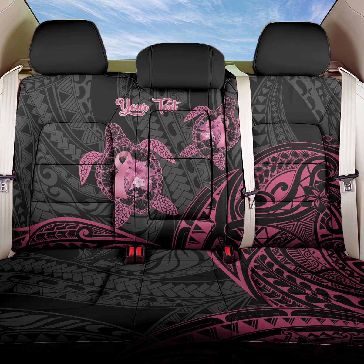 Personalised Polynesia Breast Cancer Awareness Back Car Seat Cover No One Fights Alone Turtle Ribbon - Black Version