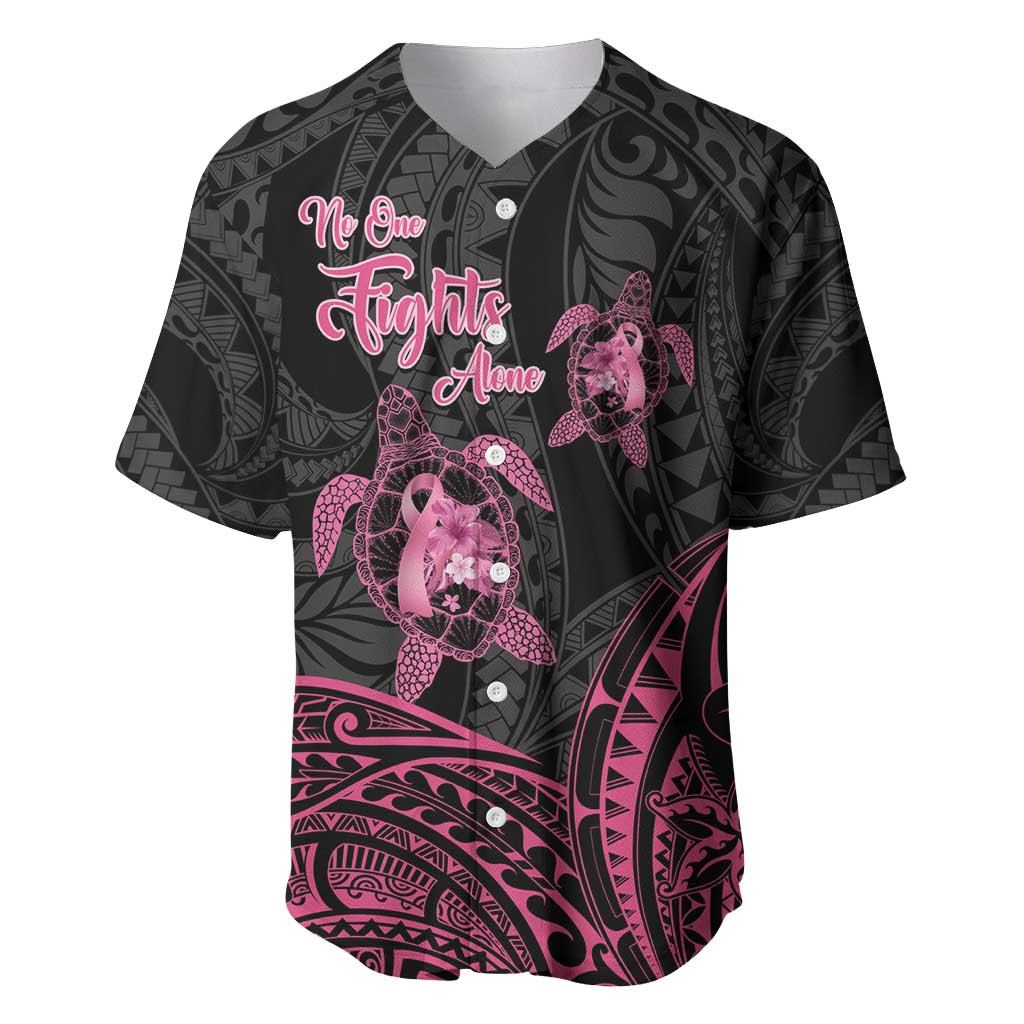 Personalised Polynesia Breast Cancer Awareness Baseball Jersey No One Fights Alone Turtle Ribbon - Black Version