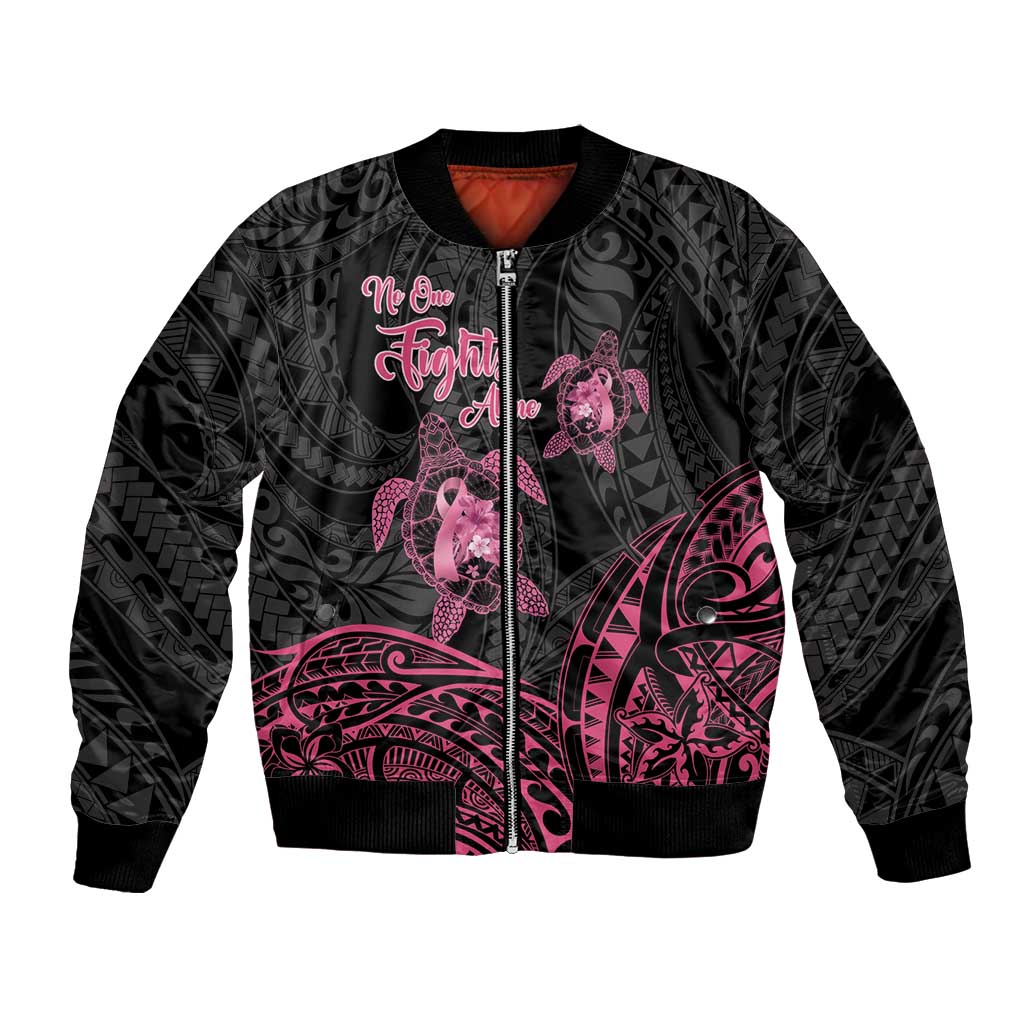 Personalised Polynesia Breast Cancer Awareness Bomber Jacket No One Fights Alone Turtle Ribbon - Black Version