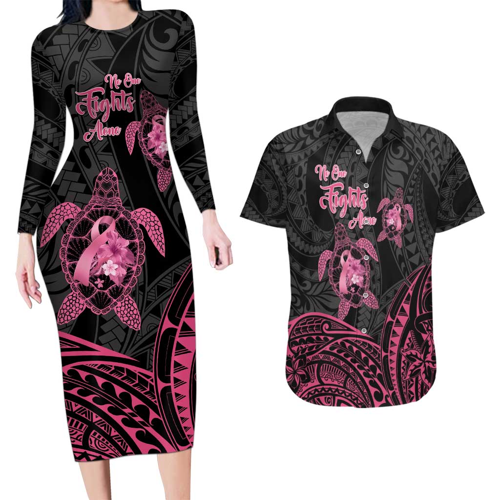 Personalised Polynesia Breast Cancer Awareness Couples Matching Long Sleeve Bodycon Dress and Hawaiian Shirt No One Fights Alone Turtle Ribbon - Black Version